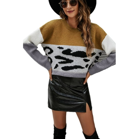 Color Block Animal Print Sweater Beige Large
