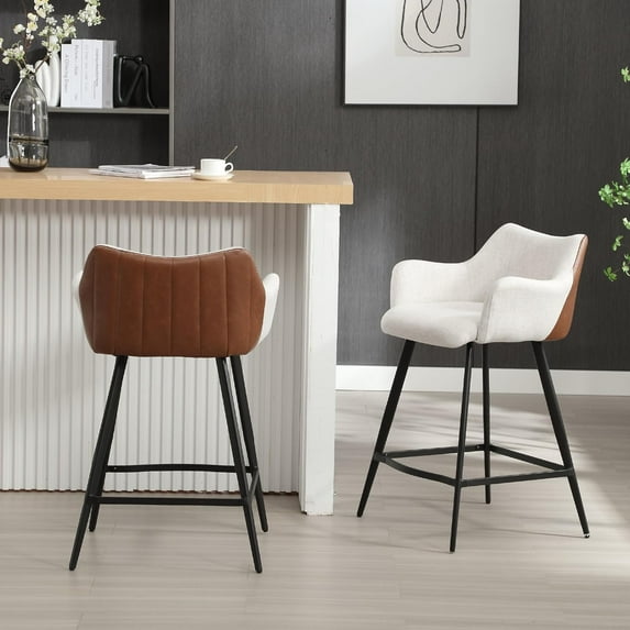 Color Block Bar Stools for Kitchen Island Barstools with Footrest Set of 2 Counter Height Bar Stool with Back and Metal Legs for Kitchen Dining Pubs Club Bistro Cafe, Linen Beige-PU Brown
