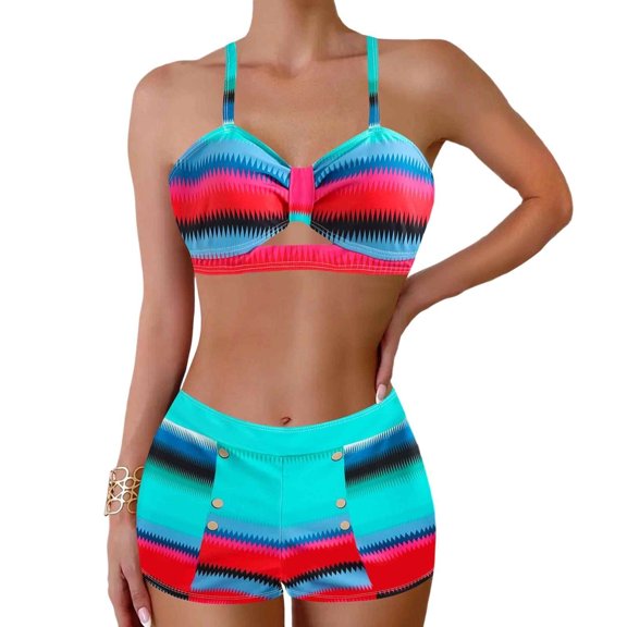 Color Block Bikinis for Women V Neck Top High Waisted Boyshort Beach Pool Bathing Suit Beach Wear for Swimming Bathing Surfing 4XL