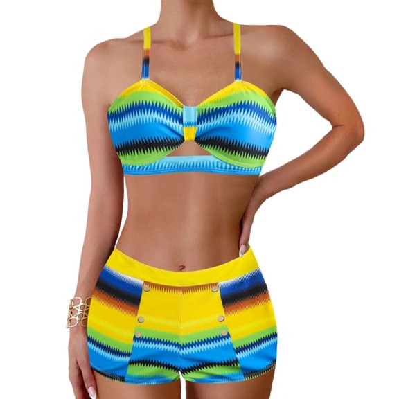 Color Block Bikinis for Women V Neck Top High Waisted Boyshort Beach Pool Bathing Suit Beach Wear for Swimming Bathing Surfing S
