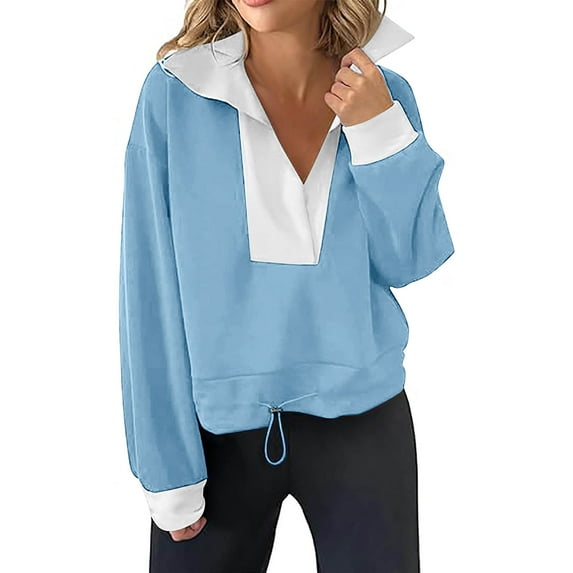 Color Block Blosues for Women’s Lapel Long Sleeve Pullover Sweater Blouse Drawstring Adjustable Hem Tops Spring Outfits 2025 Pullover Fall Winter Clothes for Women