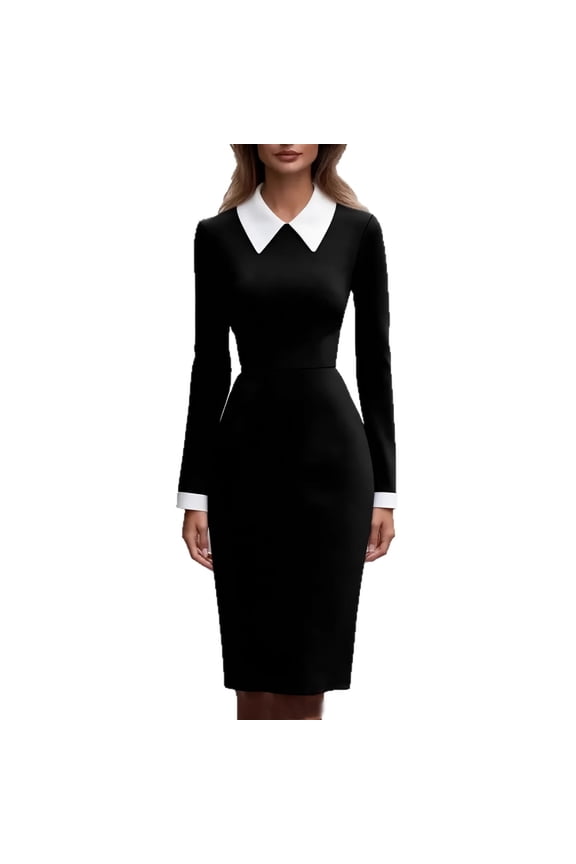 Color Block Bodycon Dress, Long Sleeve Turtleneck Midi Dress, Modern and Slimming Dress for Fall Fashion, Work, and Evening Events. Black S