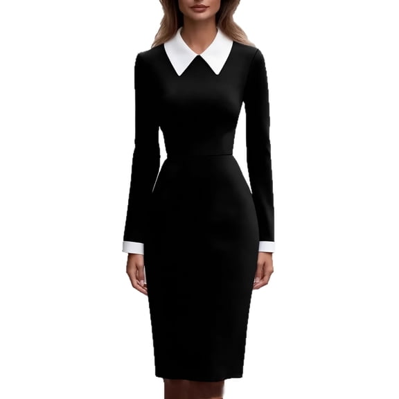 Color Block Bodycon Dress, Long Sleeve Turtleneck Midi Dress, Modern and Slimming Dress for Fall Fashion, Work, and Evening Events. Black XL