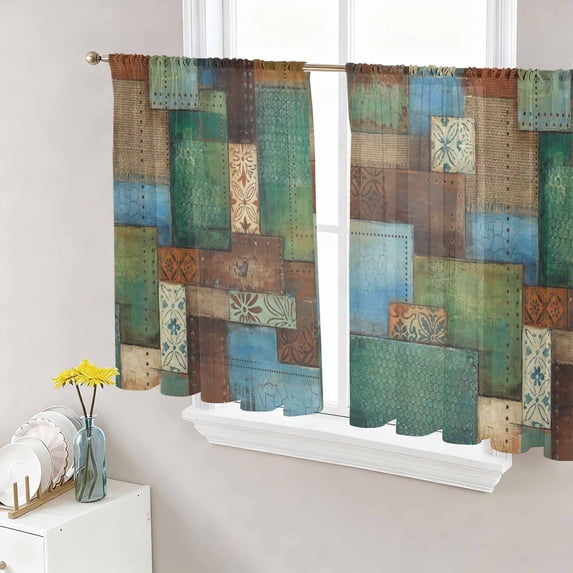 Color Block Boho Sheer Curtains 54 Inch Length 2 Panels Set, Geometric ...