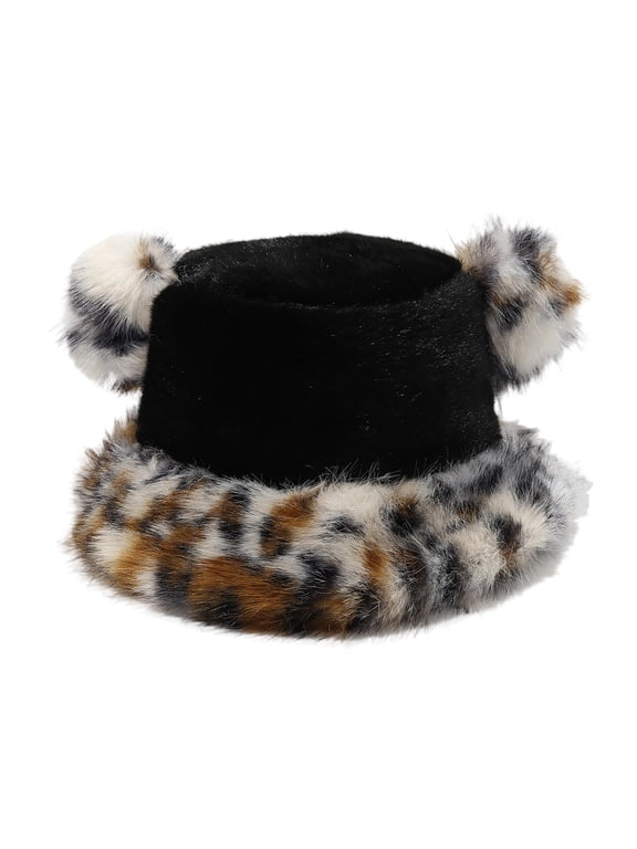 Color Block Bucket Hat - Leopard Print Plush Ears Winter Hat, Sweet Cute Face - Framing Fleece Cap Black One Size