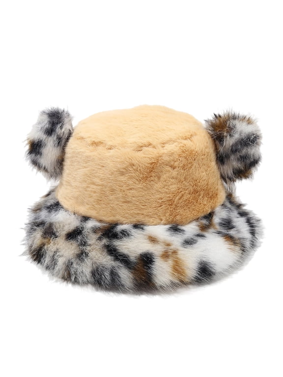 Color Block Bucket Hat - Leopard Print Plush Ears Winter Hat, Sweet Cute Face - Framing Fleece Cap Khaki One Size
