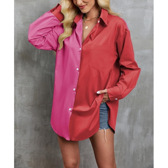 Color Block Button Down Shirt, Red, Small