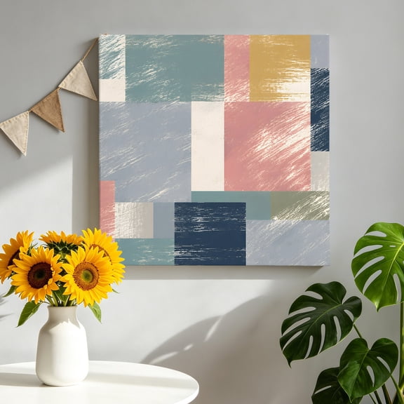 Color Block Canvas Wall Art, Abstract Minimalist Geometric Pink Navy Gray Green Framed Picture Canvas Wall Art Print Decor Artwork Decorations for Living Room Bedroom Ready to Hang 8" x 8"
