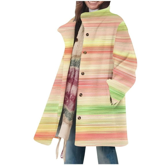 Color Block Cardigan for Women Long Sleeve Button Down Standing Collar Casual Overcoat with Pockets Yellow S