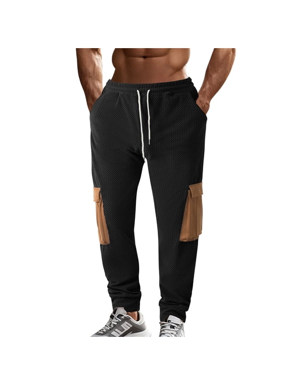 Color Block Cargo Pants for Men Long Stretch Drawstring Pants with Multiple Pockets Black XL