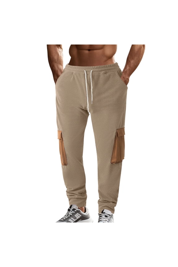 Color Block Cargo Pants for Men Long Stretch Drawstring Pants with Multiple Pockets Khaki M