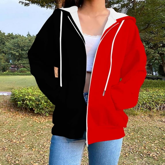 Color Block Casual Hoodies for Women Long Sleeve Full Zip Sweatshirts 2025 Fall Trendy Loose Outerwear Hooded Jackets