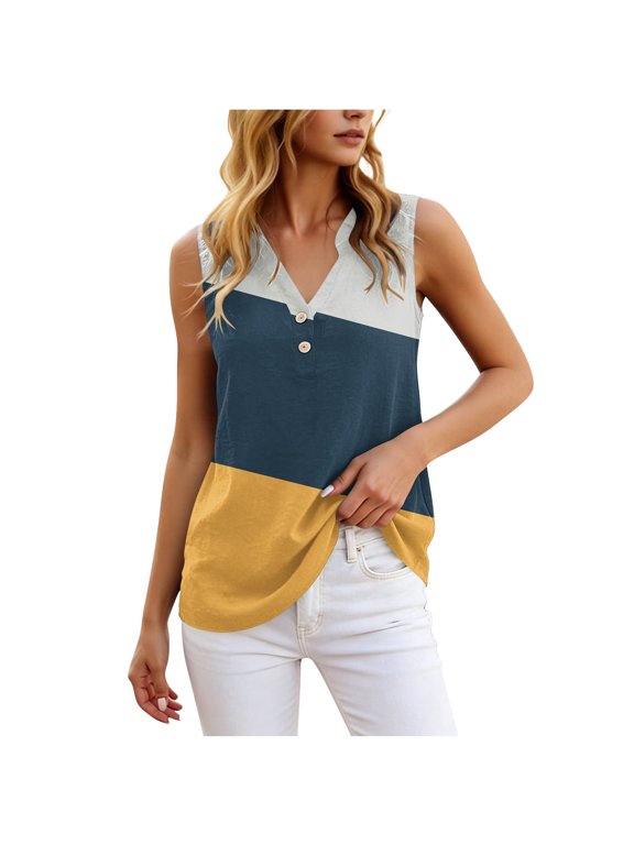 Color Block Casual Tank Tops for Women Summer Button V Neck Sleeveless Pullovers Loose Going Out T-Shirt Blouses