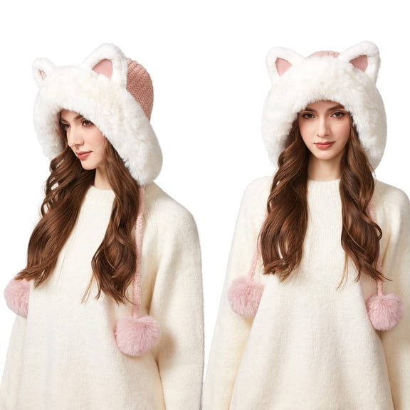 Color Block Cat Ear Fleece-Lined Knit Hat - Cute Cartoon Design for Women, Windproof Warm Balaclava, Fluffy Pom-Pom Detail, Soft Fleece Lining, Winter Cold Weather Accessory, 22-23.6in, E