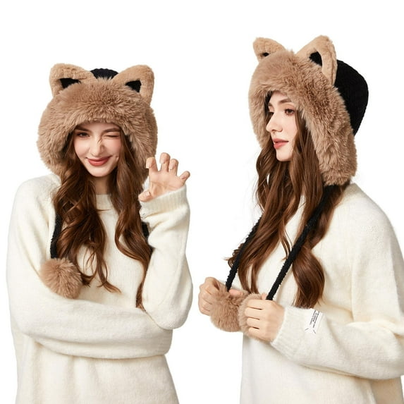 Color Block Cat Ear Fleece-Lined Knit Hat - Cute Cartoon Design for ...