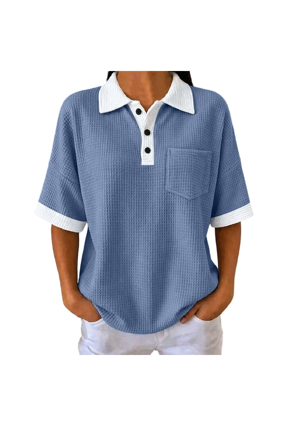 Color Block Contrast Collar Cuff Waffle Knit Polo Shirt Chest Pocket Short Sleeve Casual Top for Women Spring Summer Daily Wear S-XXL