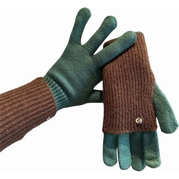 Color-Block Convertible Gloves - Two-Way Knit Flip Cover with Touchscreen Tips, Full & Half Finger Design for Warmth & Style (Green & Brown)