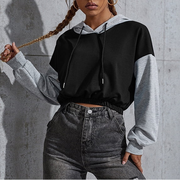 Color Block Cropped Sweatshirts for Women Oversize Fit Autumn Sweatshirt Pull-up Hoodie Streetwear with Pockets Gym Workout Athleisure Casual Essentials Plus Size
