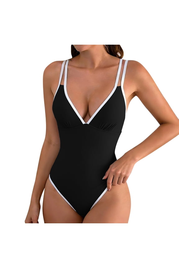 Color Block Double-Straps Swimsuits, High Cut Deep V Cheeky One Piece Slimming Bathing Suits for Women Black