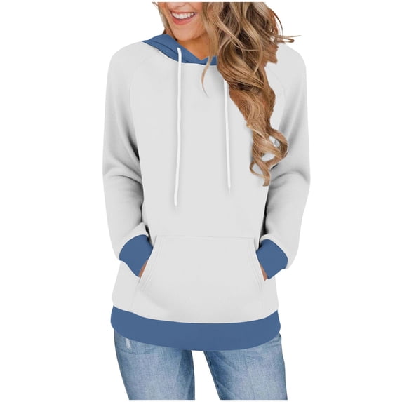 Color Block Drawstring Hoodies for Women with Pocket Comfy Long Sleeve Loose Pullover Hooded Sweatshirt Fall Tops (S, White)