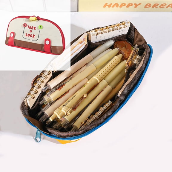 Color Block Embroidery Buckle Multi-Layer Polyester Pen Bag, Large Capacity Portable Small Pocket Stationery Storage Pouch with Decorative Hardware