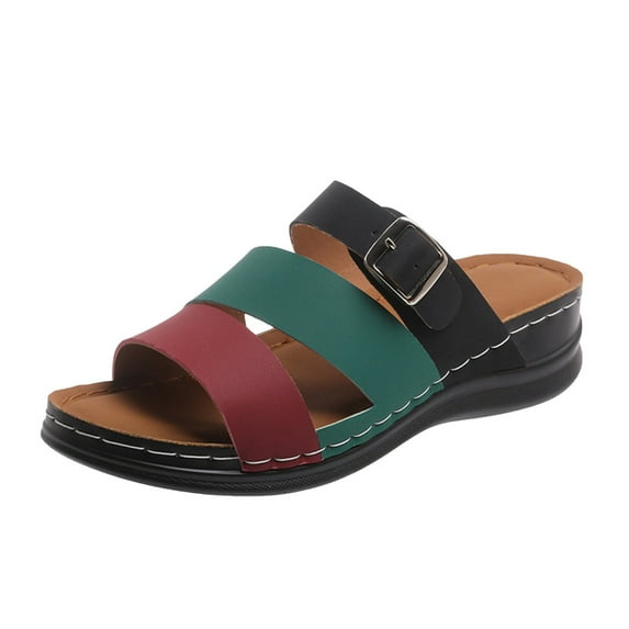 Color Block Fashion Wedge Sandals for Women Slip On Casual Soft Comfy Slippers Faux Leather Strappy Thick Sole Shoes