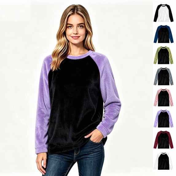 Color Block Fleece Sweatshirts for Women, Crewneck Long Sleeve Basic Tees, Women'sSize S-2XL