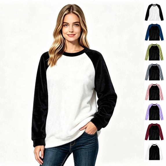 Color Block Fleece Sweatshirts for Women, Crewneck Long Sleeve Basic Tees, Women'sSize S-2XL