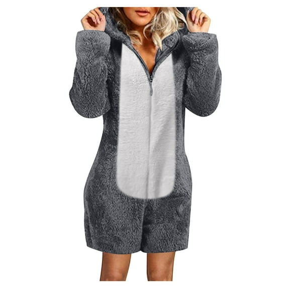 Color Block Fleece Warm Rompers for Women 2024 Zip Up Furry Thermal Jumpsuit Shorts Long Sleeve Cat Ear Hooded Pajama