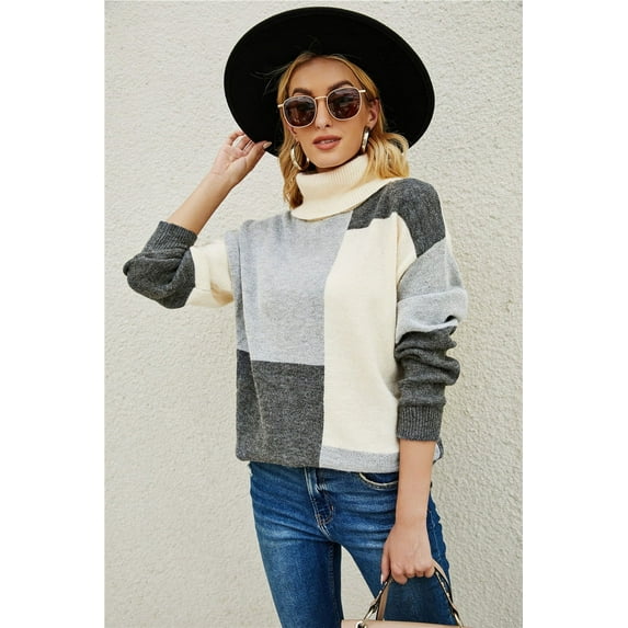 Color Block Front Turtleneck Sweater