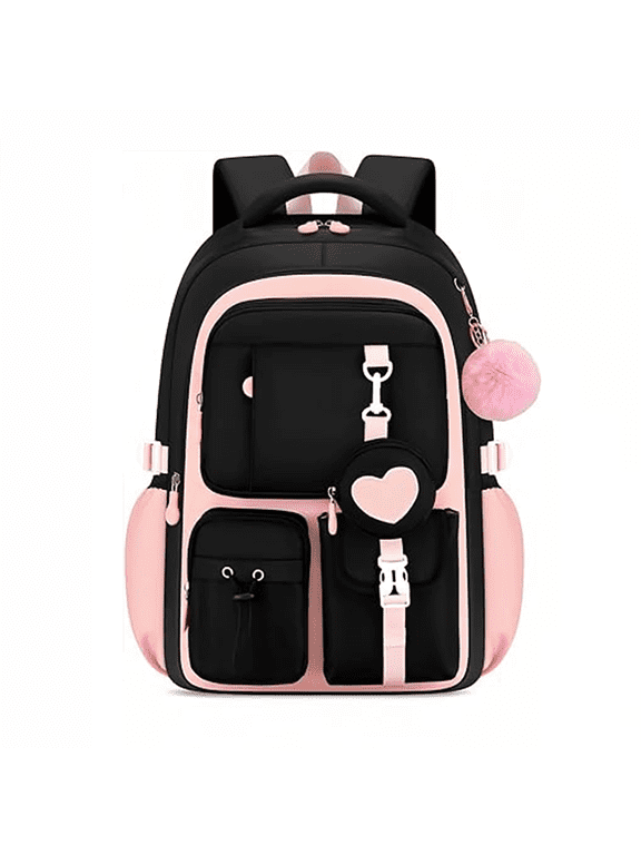 Color Block Heart Accent Backpack, Multi Pocket Casual Daypack with Pom Pom Charm