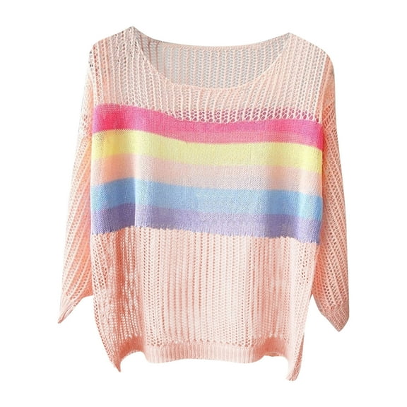 Color Block Hollow Sweaters for Women Trendy Fall Knitted Jumpers Pullover Casual Long Sleeve Loose Sweater Tops