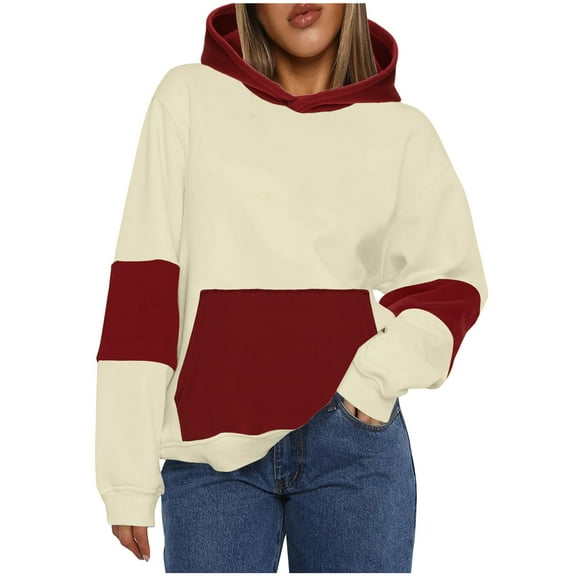 Color Block Hooded Sweatshirts for Women Oversize Fit Autumn Sweatshirt Pull-up Hoodie Streetwear with Pockets Gym Workout Athleisure Casual Essentials Plus Size
