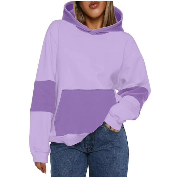 Color Block Hooded Sweatshirts for Women Oversize Fit Autumn Sweatshirt Pull-up Hoodie Streetwear with Pockets Gym Workout Athleisure Casual Essentials Plus Size