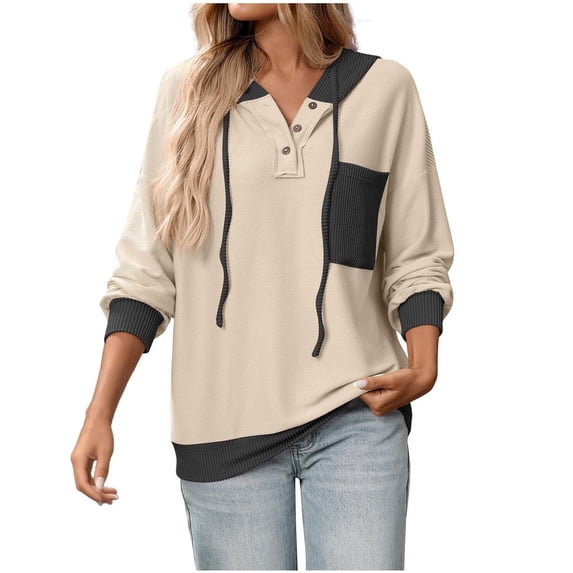 Color Block Hoodie For Women Patchwork Long Sleeve Hooded Sweatshirt Khaki L