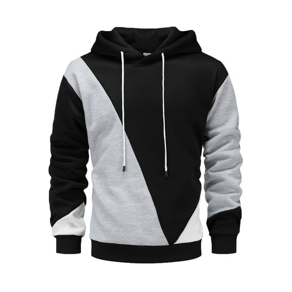 Color Block Hoodies for Men Casual Patchwork Drawstring Sports Hooded Sweatshirt Long Sleeve Outdoor Pullover Sweatshirt Black S