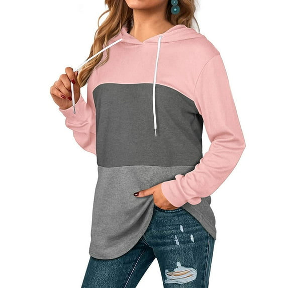 Color Block Hoodies for Women Lightweight Long Sleeve Pullover Casual Hooded Sweatshirts Loose Fit Outfits Pink XL
