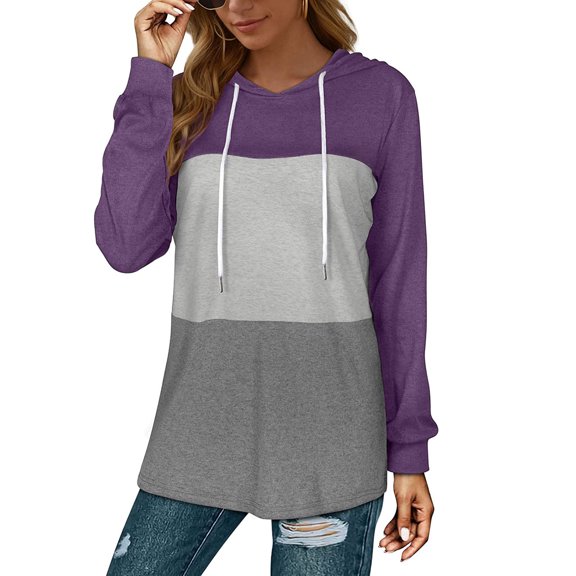 Color Block Hoodies for Women Lightweight Long Sleeve Pullover Casual Hooded Sweatshirts Loose Fit Outfits Purple M