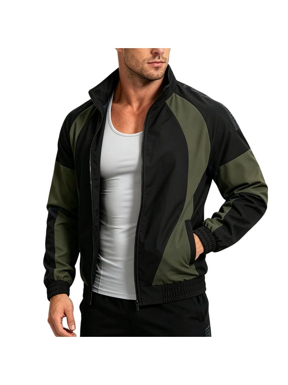 Color Block Jackets for Men Stand Collar Zip Up Track Jacket Athletic Sport Outerwear for Fall Winter Wear Olive Green XL