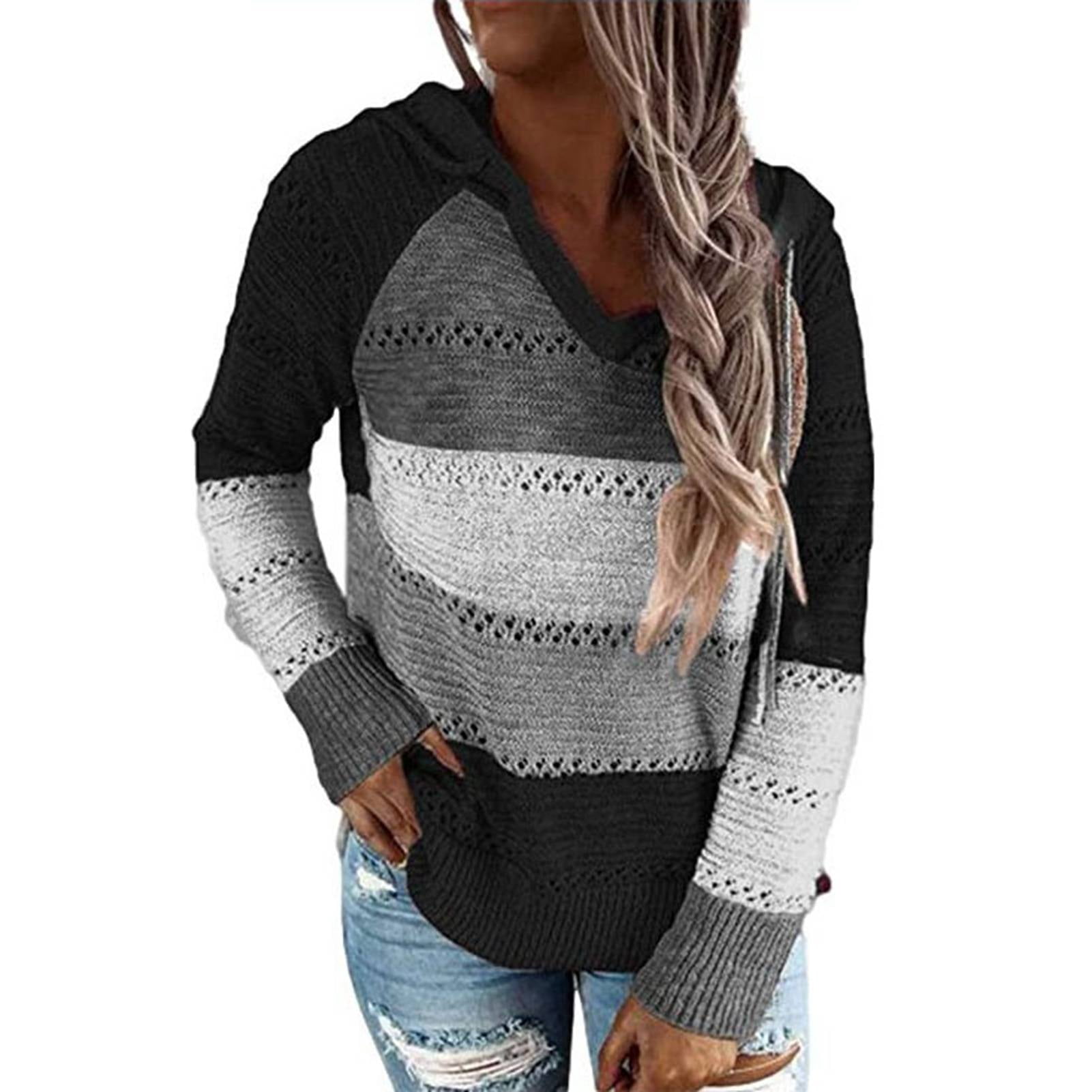 Color Block Knit Hooded Sweater, Skin-Friendly, Loose Polyester Fiber ...