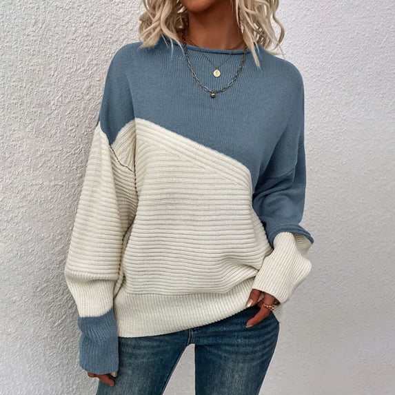 Color Block Knit Women Sweater Navy Cream Ribbed Crewneck Pullover Long Sleeve Loose Fit Top S-XL