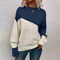 thumbnail image 1 of Color Block Knit Women Sweater Navy Cream Ribbed Crewneck Pullover Long Sleeve Loose Fit Top S-XL, 1 of 7