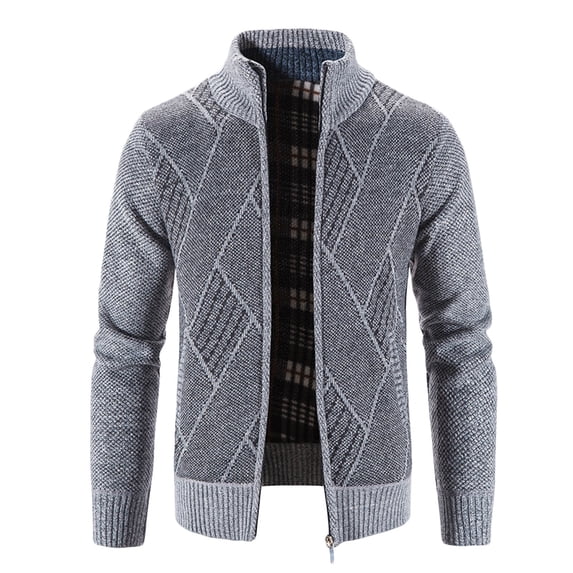 Color Block Knitted Tops Men's Sweater Jackets Long Sleeved Stand Collar Zipper Cardigan Fleece Lined Loungewear Casual Knitwear Coat Gray L