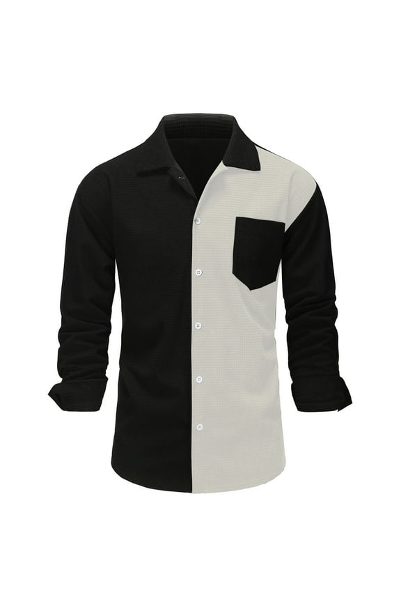 Color Block Lapel Shirt for Men Patchwork Long Sleeve Shirts Black and White Button Shirt Fashion Outgoing Tops
