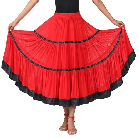 Color Block Layered Skirts Women Flared Maxi Spanish Traditional Festival Dance Skirt Red XL