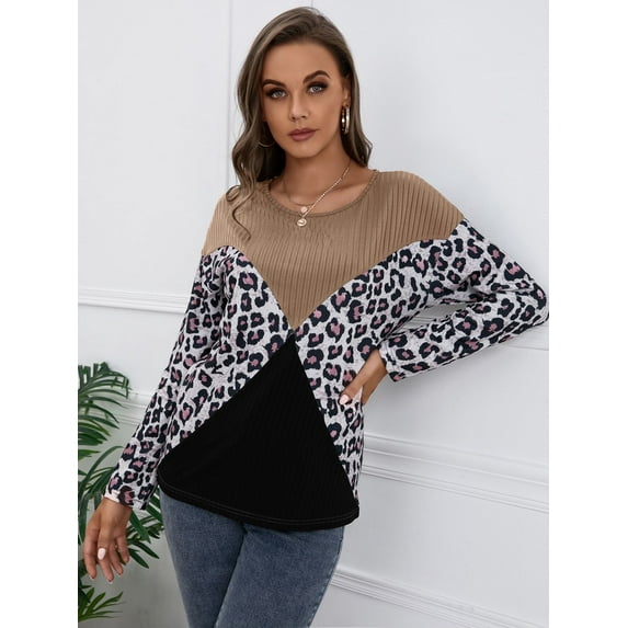 Color Block Leopard Print Long Sleeve Ribbed Knit Sweater for Women