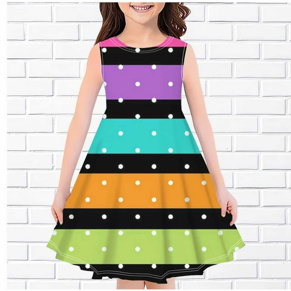 Color Block Little Girls Dress Sleeveless Flared Swing Summer Dress Sundress for Girls 4-16 Years
