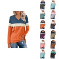 thumbnail image 1 of Color Block Long Sleeve Shirts for Women 2026 Spring Fall Casual Relaxed Fit V Neck Shirt Pullover Blouse, 1 of 6