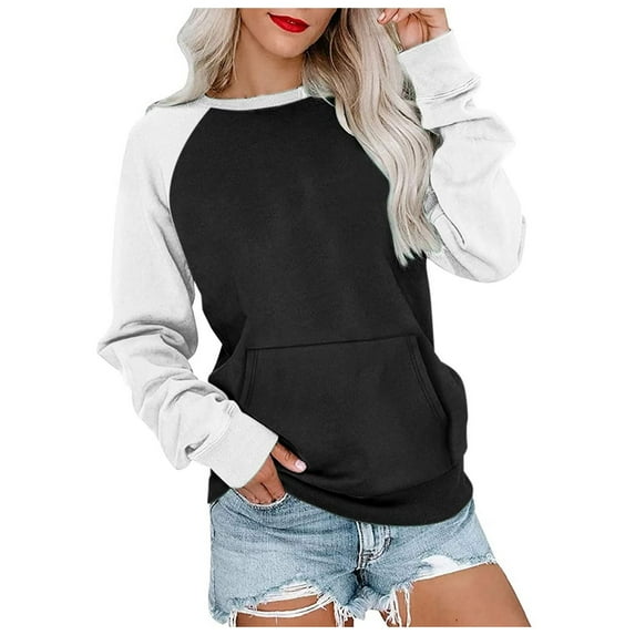 Color Block Long Sleeve Women Sweatshirts Fashion Patchwork Casual Crew Neck Pullover Shirt Fall Y2K Clothes With Pockets