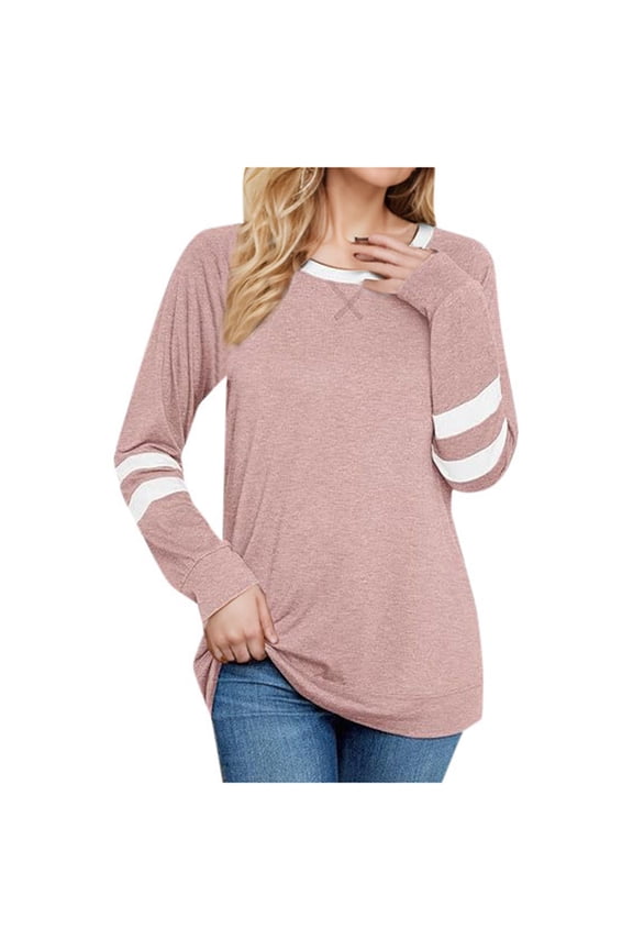 Color Block Long Sleeve Women's Casual Top Trendy Round Neck Shirt For Young Women Summer Long Tops Long Sleeve Tee Shirts for Women plus Size Long Layering Top Dressy Tunics plus Size Tee Shirt for